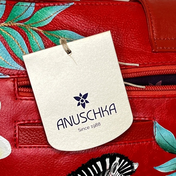 Anuschka Purse Genuine Leather Hand Painted Red Zebra Tropical Floral Bag - Picture 8 of 16